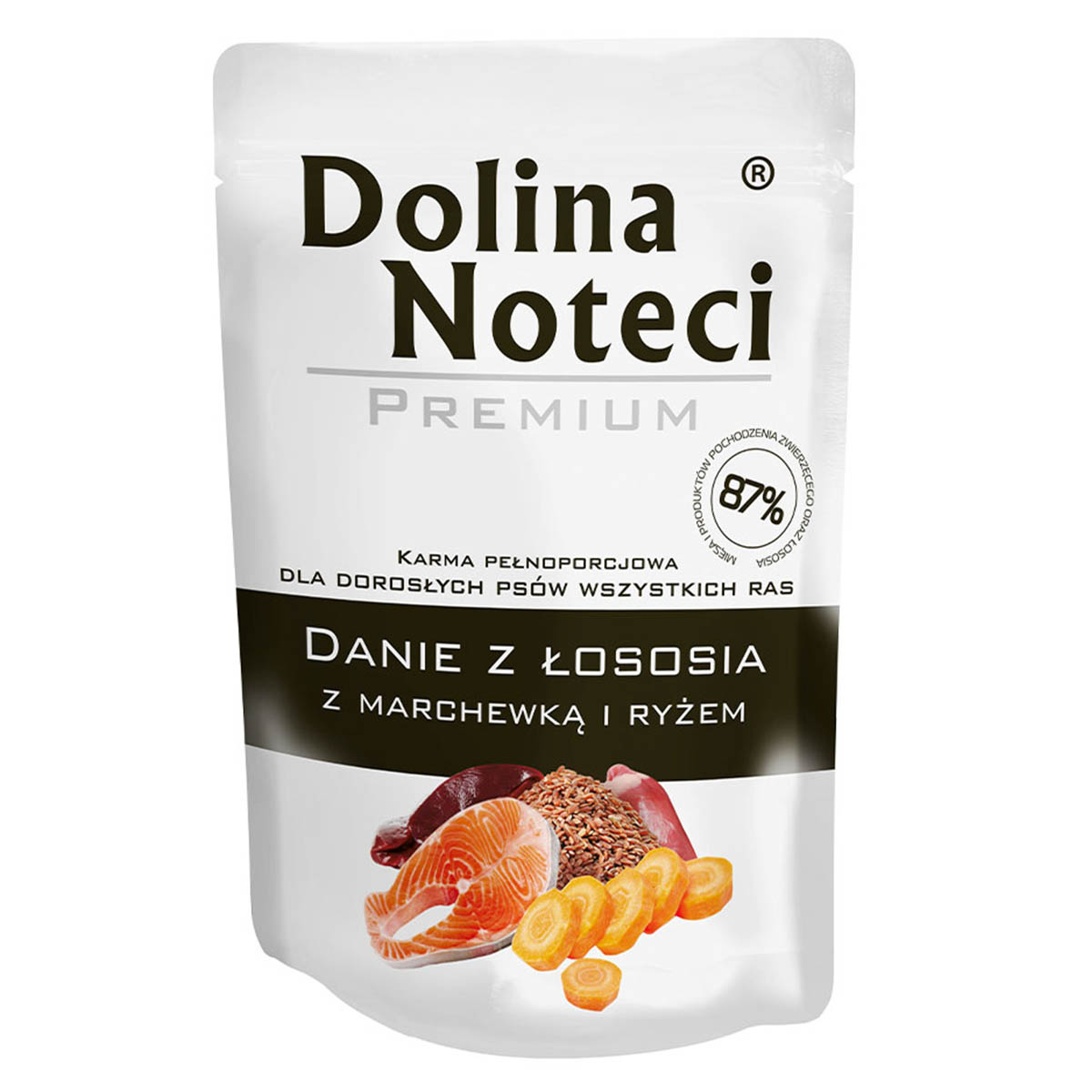 Пауч Dolina Noteci Premium Danie для дорослих собак усіх порід ,лосось з морквою та рисом, 300г купити в Україні OnRiver.com.ua Пауч Dolina Noteci Premium Danie для дорослих собак усіх порід ,лосось з морквою та рисом, 300г
