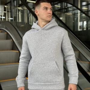 Теплое мужское худи на флисе с капюшоном серое меланжевое Pobedov 008 ЗИМА