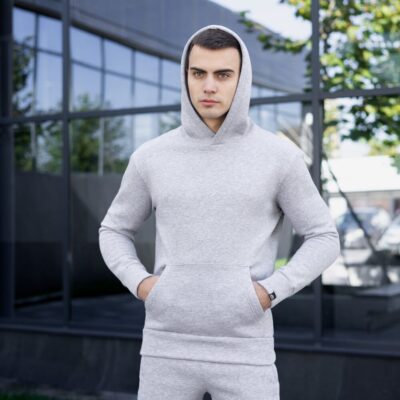 Теплое мужское худи на флисе с капюшоном серое меланжевое Pobedov 007 ЗИМА