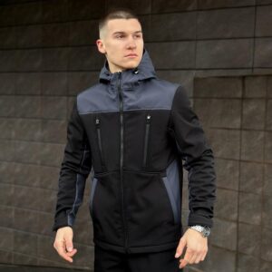 Чорно-сіра демісезонна чоловіча куртка 3XL з капюшоном Pobedov Setup