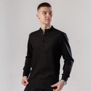 Чорна чоловіча сорочка з льону casual. Сорочка вільного крою легка чорна Pobedov Exlnt