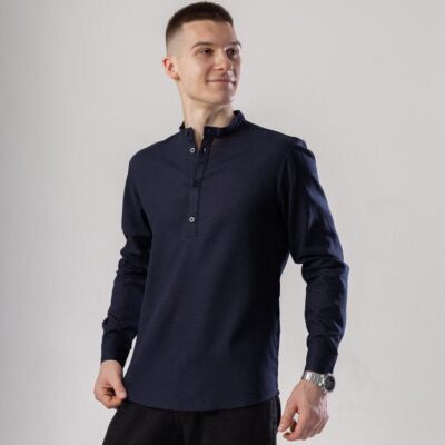 Сорочка з льону чоловіча синя однотонна. Сорочка casual на ґудзиках синя Pobedov Exlnt