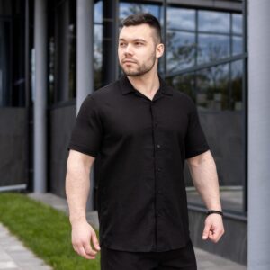Чоловіча сорочка з коротким рукавом чорна Pobedov Marsel