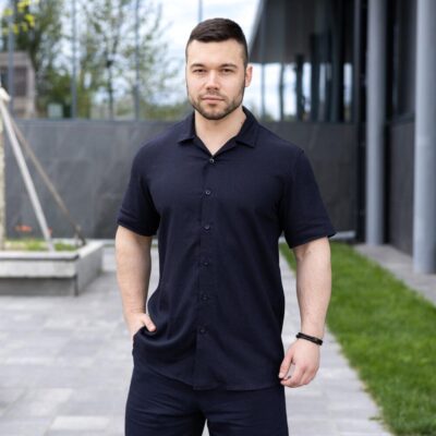 Чоловіча сорочка з коротким рукавом темно-синя Pobedov Marsel