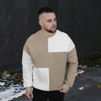Чоловічий двоколірний стильний світшот Pobedov The One. Світшот оверсайт осінньо-зимовий молочно-пісочний