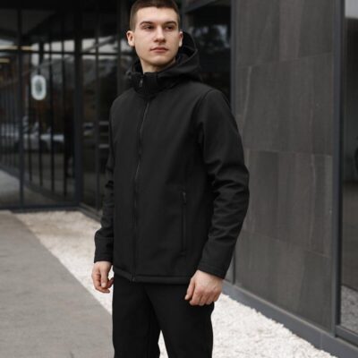 Чорна куртка чоловіча весна/осінь з софтшелу з капюшоном Pobedov Shadow V2