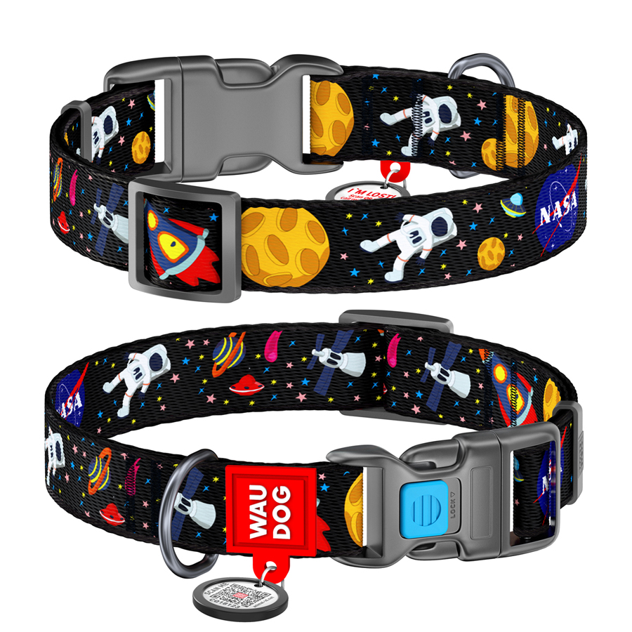 Нашийник для собак нейлоновий WAUDOG Nylon з QR паспортом, малюнок "NASA", пластиковий фастекс, Ш 25 мм, Дов 33-49 см купити в Україні OnRiver.com.ua Нашийник для собак нейлоновий WAUDOG Nylon з QR паспортом, малюнок "NASA", пластиковий фастекс, Ш 25 мм, Дов 33-49 см
