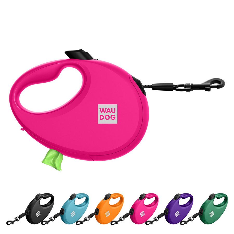 Повідець-рулетка для собак WAUDOG R-leash з контейнером для пакетів, світловідбивна стрічка, M, до 20 кг, 5 м, рожевий купити в Україні OnRiver.com.ua Повідець-рулетка для собак WAUDOG R-leash з контейнером для пакетів, світловідбивна стрічка, M, до 20 кг, 5 м, рожевий