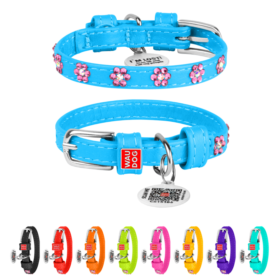 Нашийник для собак шкіряний WAUDOG Glamour з QR паспортом, з клейовими стразами "Квіти", Ш 9 мм, Дов 18-21 см блакитний купити в Україні OnRiver.com.ua Нашийник для собак шкіряний WAUDOG Glamour з QR паспортом, з клейовими стразами "Квіти", Ш 9 мм, Дов 18-21 см блакитний