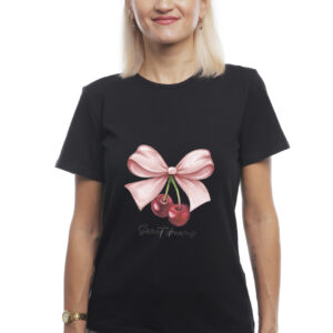 Bono Футболка жіноча прямого крою 950101 колір чорний принт вишні 54