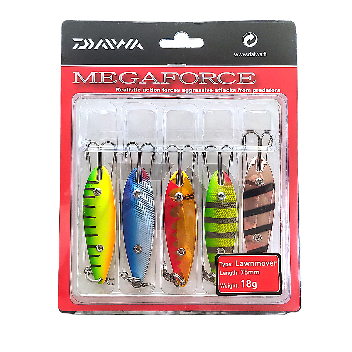 Набір блешень Daiwa Megaforce Lawnmover 75mm 18g 5pcs (198056-MLLK18) купити в Україні OnRiver.com.ua Набір блешень Daiwa Megaforce Lawnmover 75mm 18g 5pcs (198056-MLLK18)